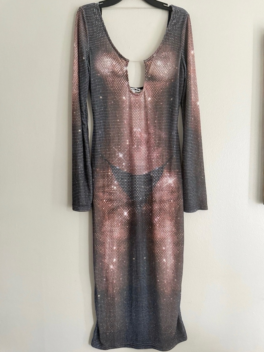 Fashion Nova Long Sleeve Rhinestone Bodycon Dress in Rose Gold and Black